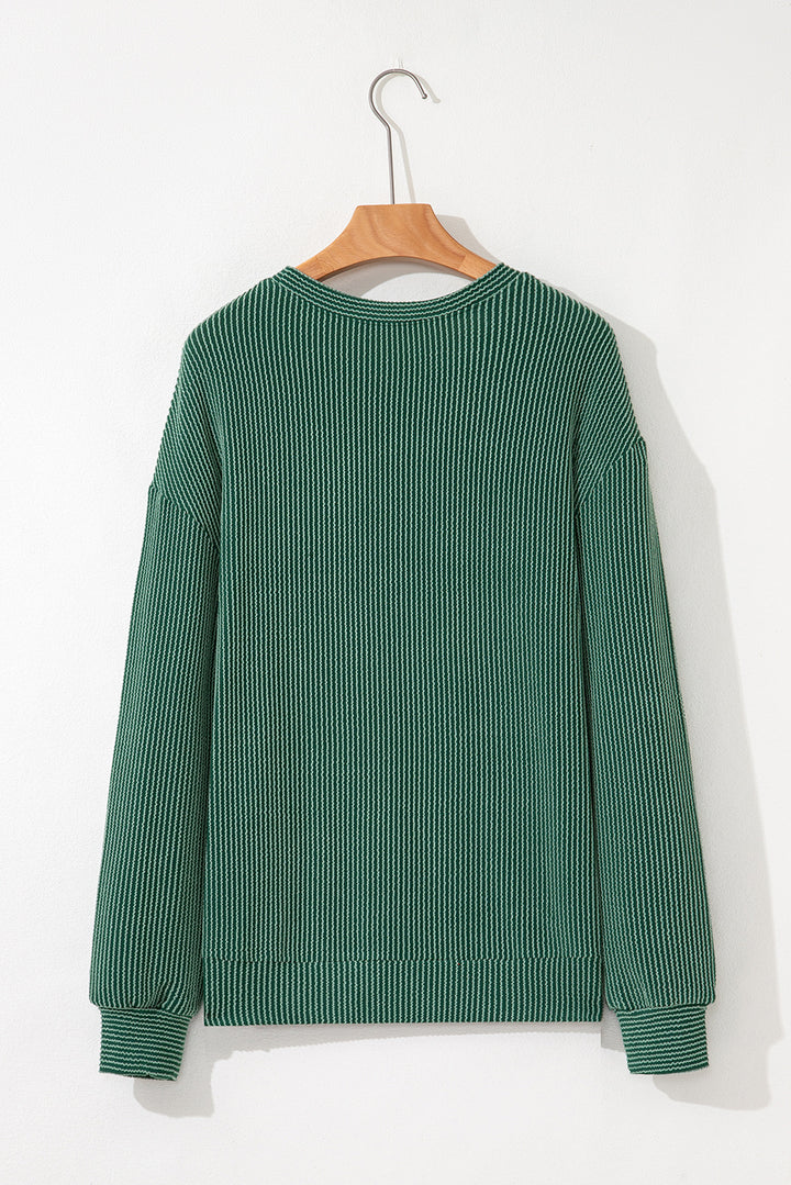 Evergreen Twisted Rib Outlined Merry Letter Graphic Loose Long Sleeve Top