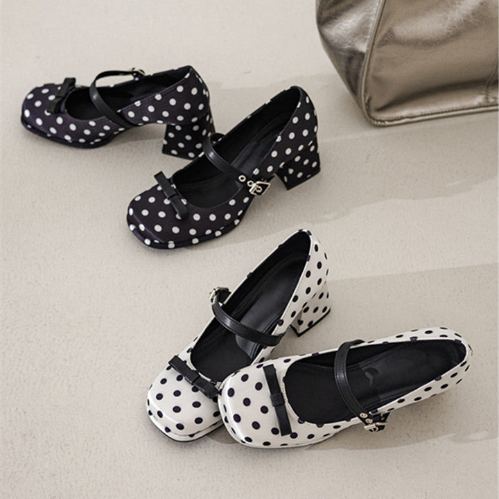 Fashionable Polka Dot Bow Mary Jane Shoes For Women In Spring, Sweet And Stylish, Thick Soled, Thick Heel, Single Button Small Fragrant High Heels