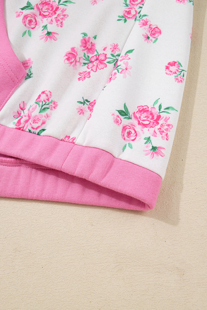 Pink Plus Size Contrast Polo Collar Floral Patchwork Elastic Cuffs Long Sleeve Top