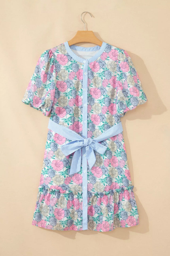Floral Print Striped Contrast Trim Belted Short Dress