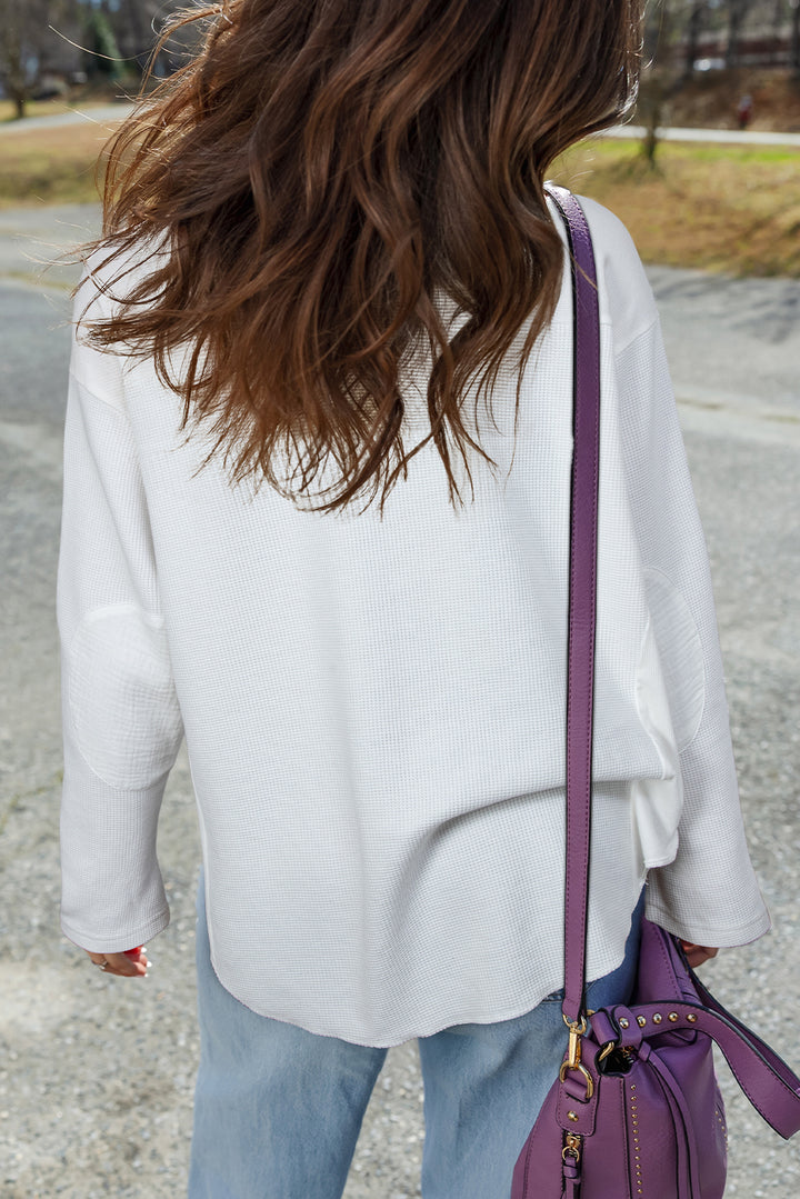 White Solid Color Waffle Ribbed Patchwork Dolman Sleeve Oversize Knit Top