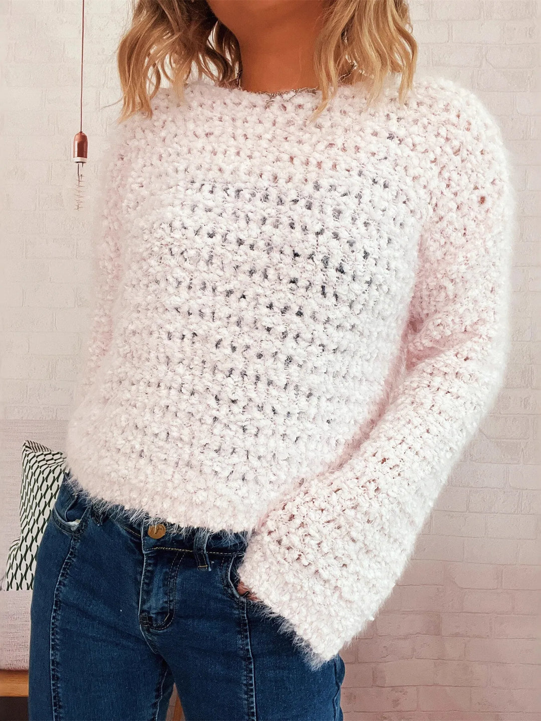 Crochet Round Neck Dropped Shoulder Sweater