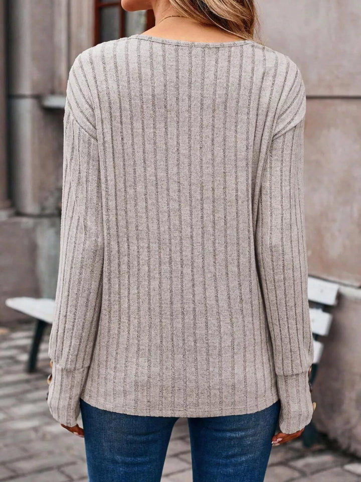 Ribbed V-Neck Long Sleeve Top