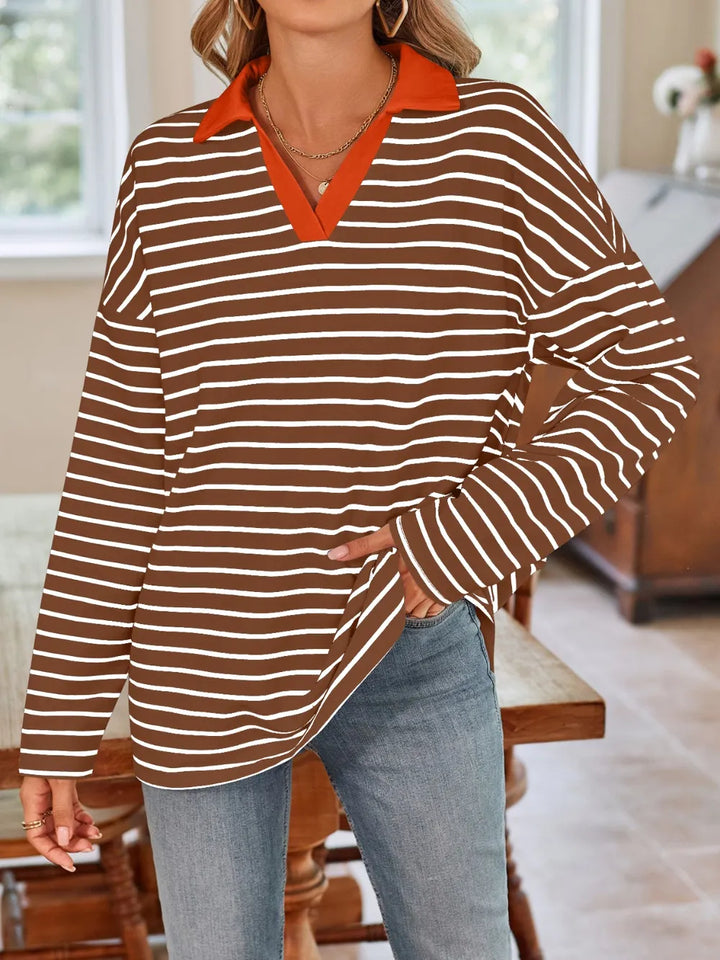 Lovelet Striped Johnny Collar Long Sleeve T-Shirt