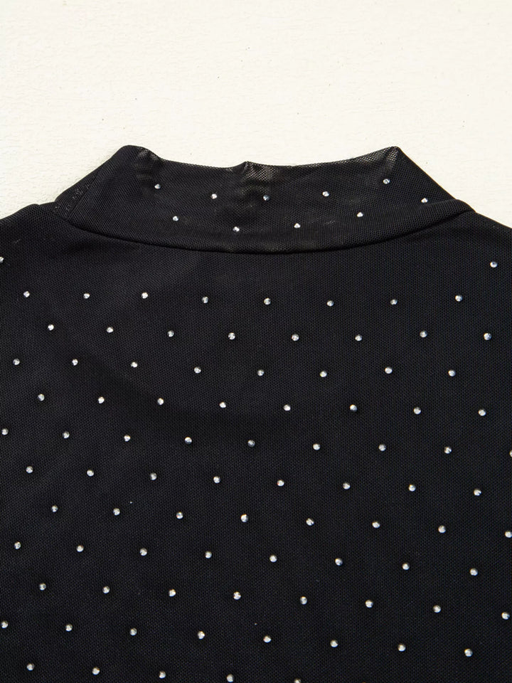 Rhinestone Embellished Mesh Long Sleeve Top