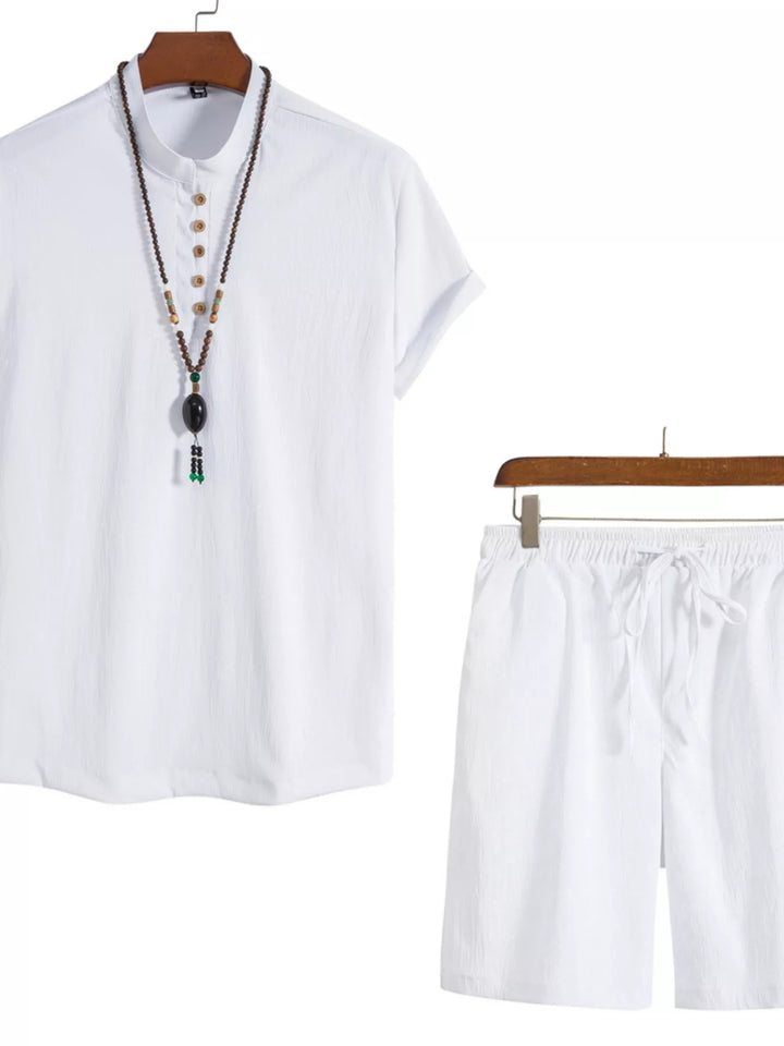 Men's Plus Size Casual Mandarin Collar Short Sleeve Shirt and Shorts Set