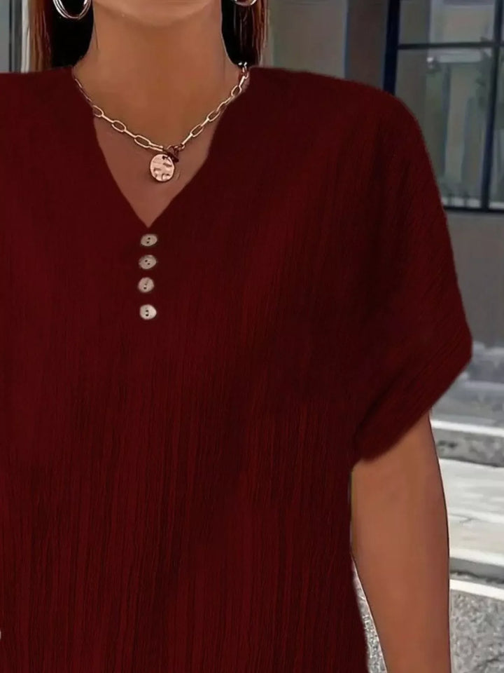 Plus Size Notched Short Sleeve Textured Top