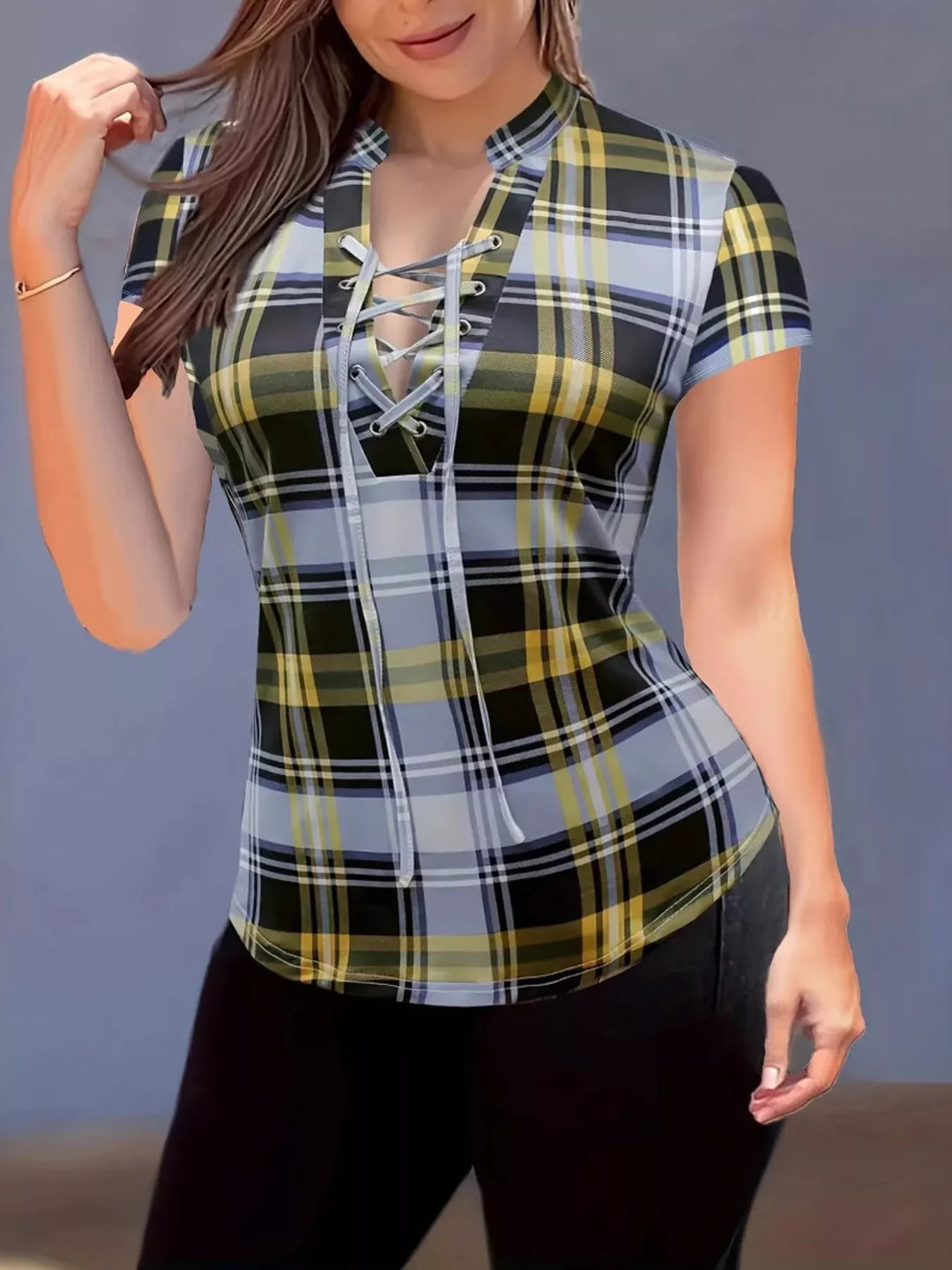 Plaid Lace-Up Short Sleeve Blouse
