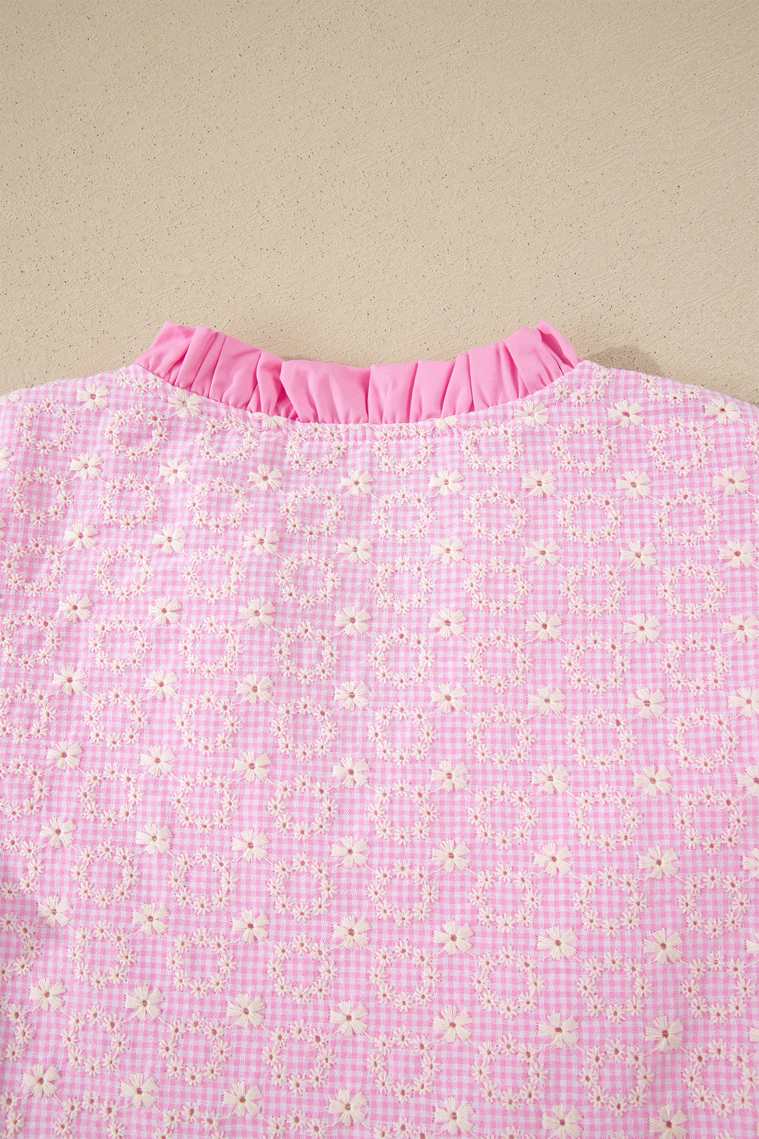 Pink Eyelet Embroidered Flower Texture Contrast Lace Trim Flutter Sleeve Blouse