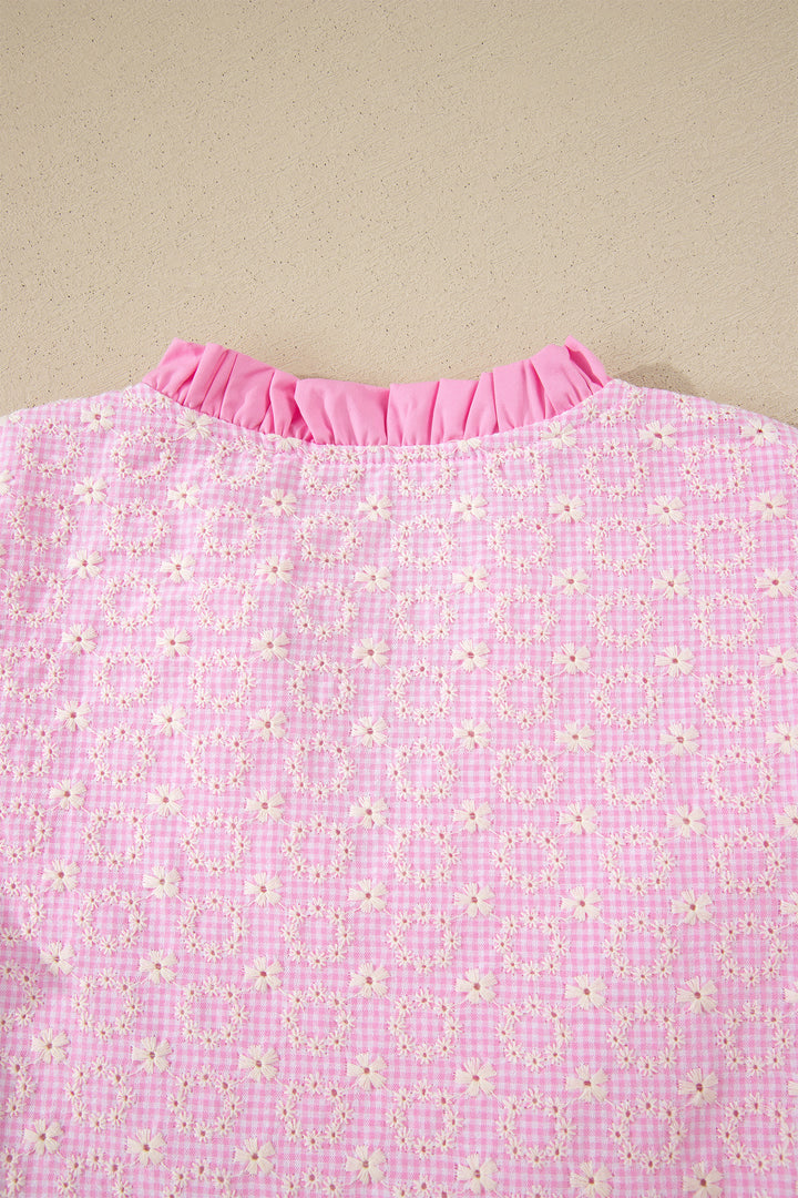 Pink Eyelet Embroidered Flower Texture Contrast Lace Trim Flutter Sleeve Blouse
