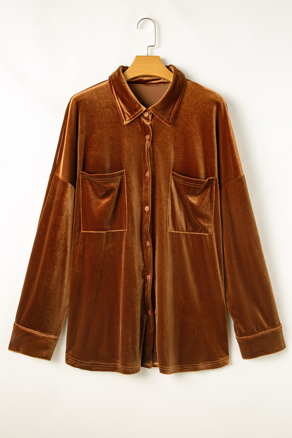 Chemise en velours châtain grande taille avec poche poitrine et épaules tombantes