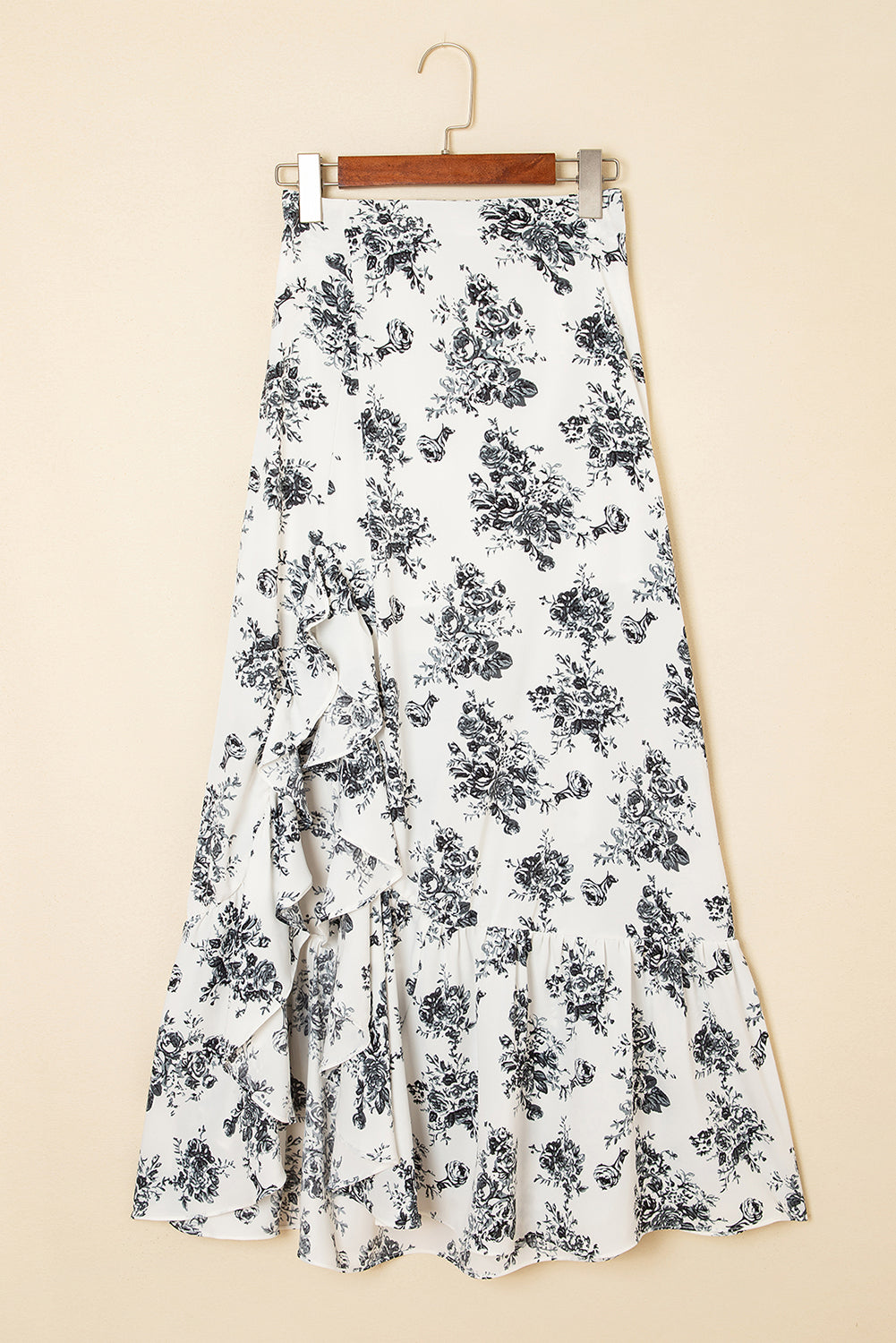 Jupe longue fendue à volants taille haute à fleurs style bohème noir