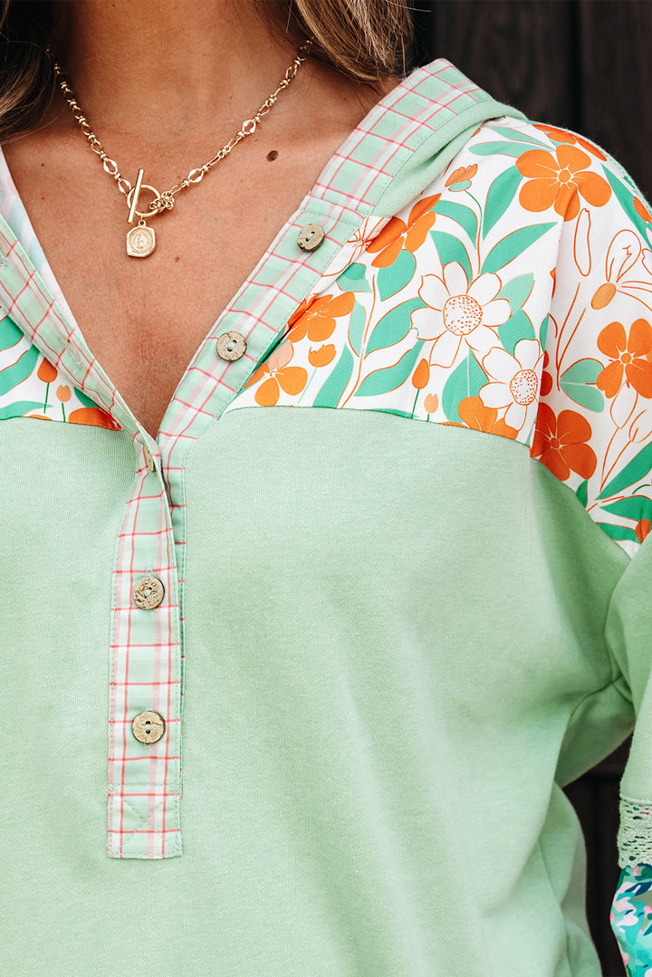 Clearly Aqua Lace Floral Patchwork Half Button Hooded Pullover