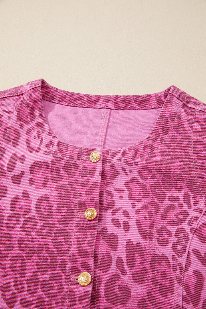 Pink Leopard Denim Buttoned Shift Sleeveless Dress