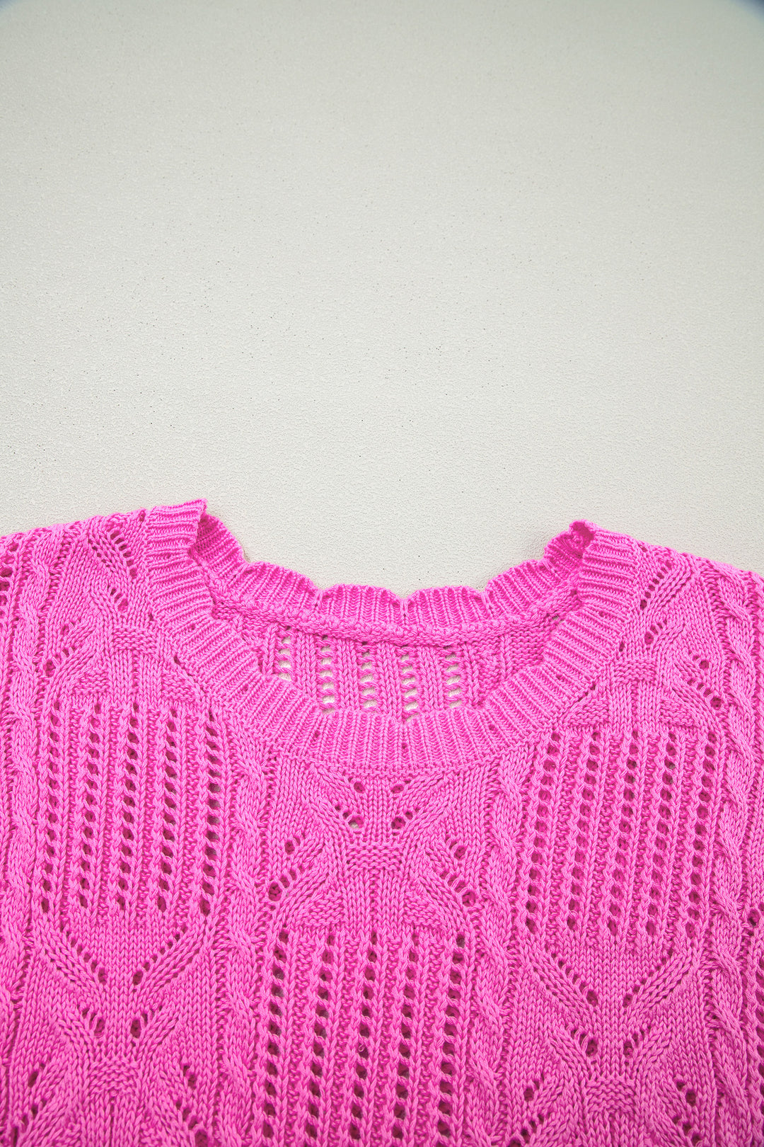 Bonbon Pointelle Knit Patterned Scalloped Trim Short Sleeve Sweater
