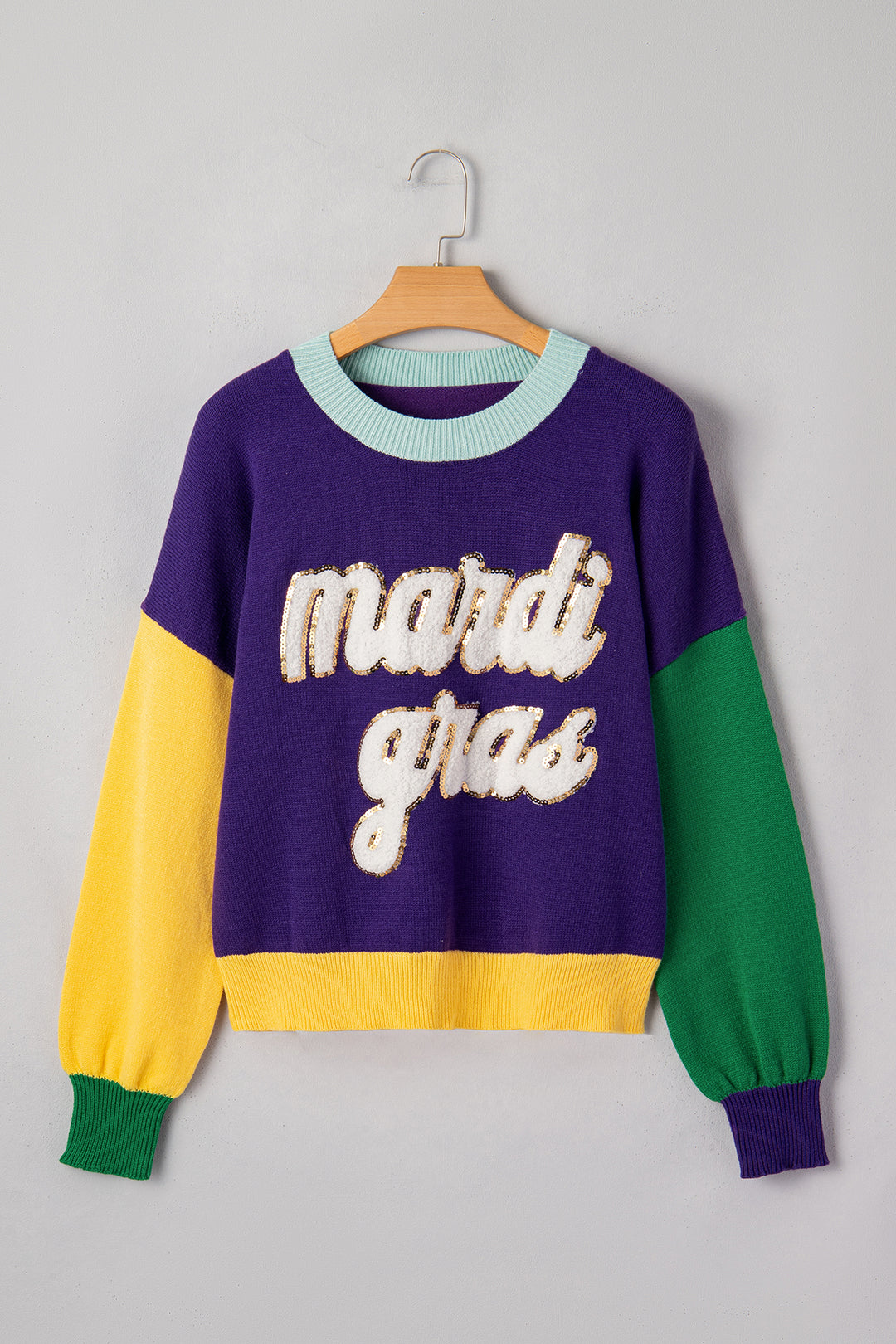 Tillandsia Purple Colorblock Patchwork Fuzzy Mardi Gras Graphic Sweater