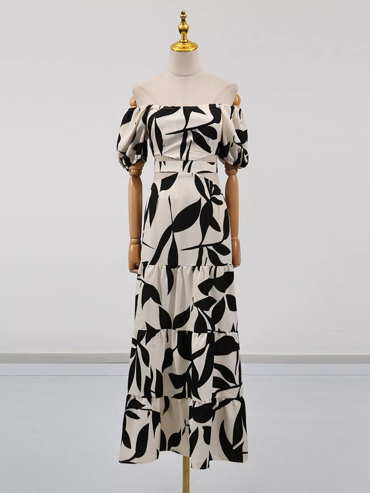 Off-Shoulder Cutout Leaf Print Maxi Dress