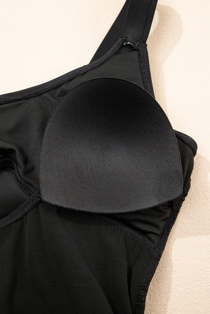 Black Adjustable Straps Cutout Ruched Knot Slit One Piece Swim Dress