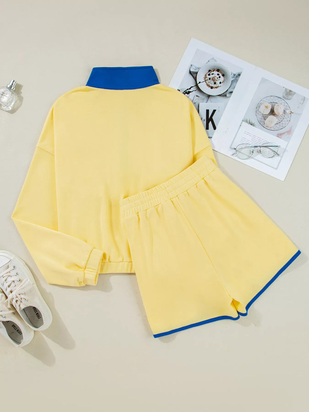 Color Block Patchwork Half Button Top and Shorts 2pcs Set