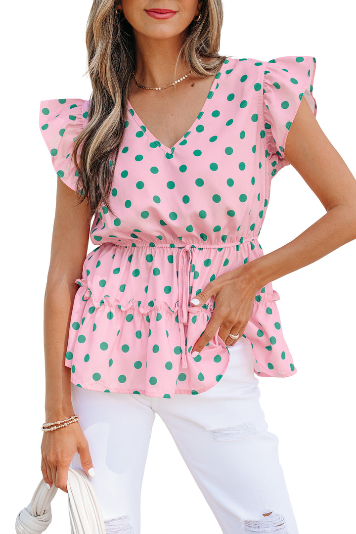 Pink V Neck Polka Dot Print Drawstring Tiered Babydoll Blouse