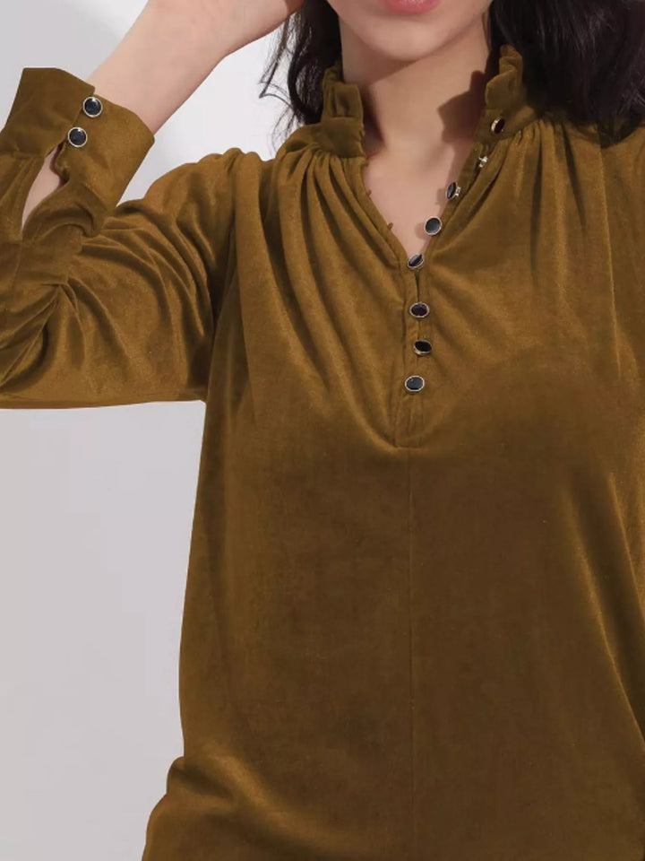 Elegant Velvet Ruffle Neck Blouse