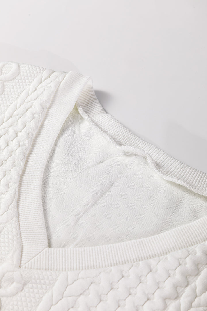 White Solid Color Textured V Neck Drop Shoulder Knit Top