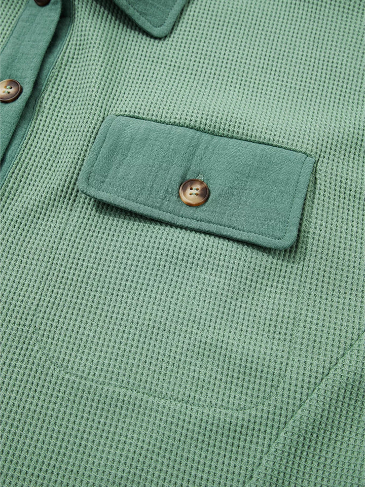Waffle Knit Vintage Patchwork Button Up Loose Shirt