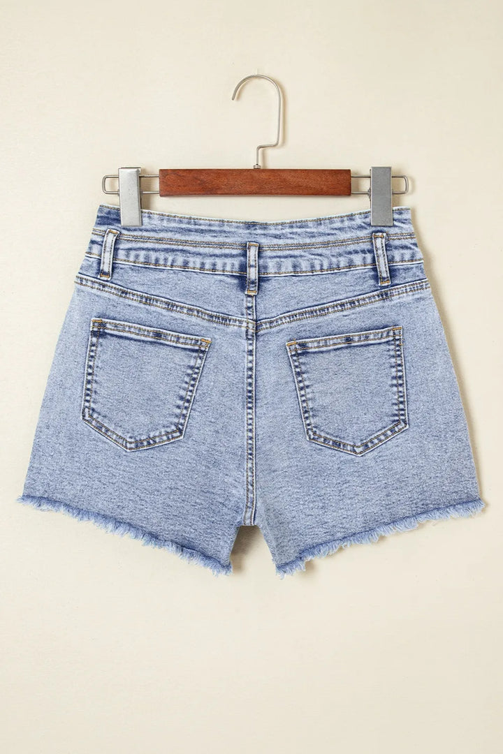 Rhinestone Light Wash Raw Hem High Waist Denim Shorts
