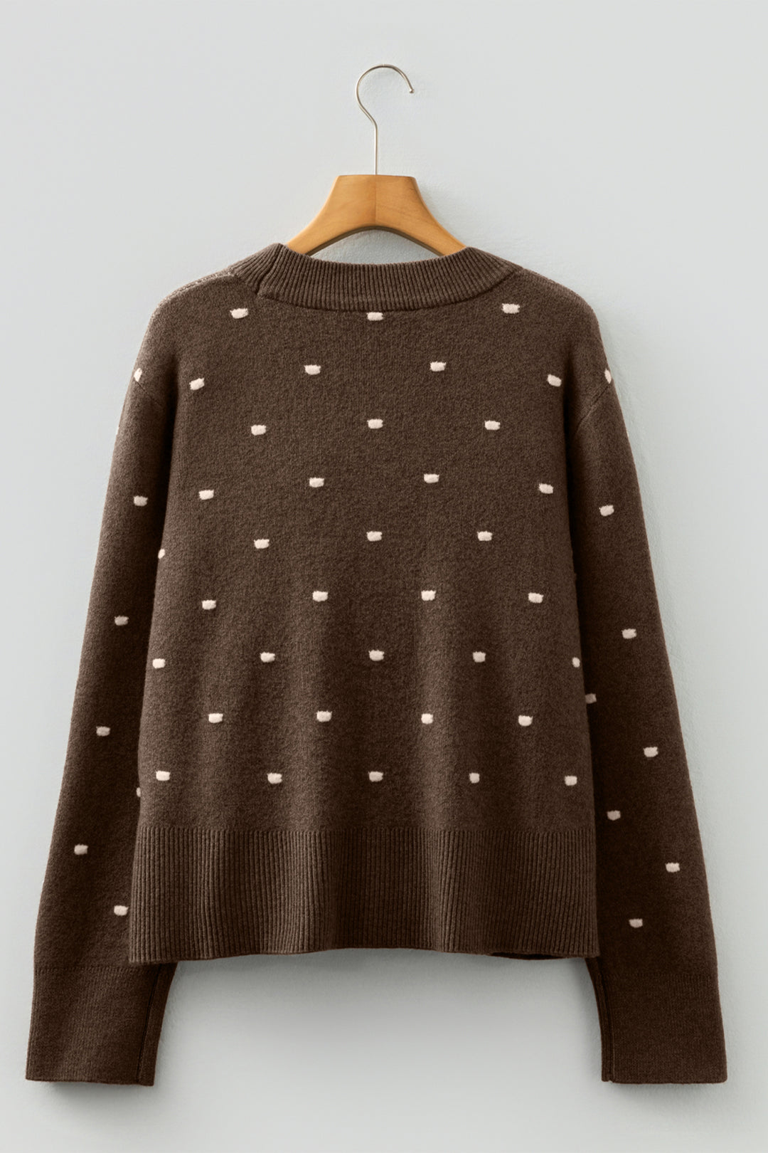 Coffee Dotted Print Ribbed Edge Knit Sweater