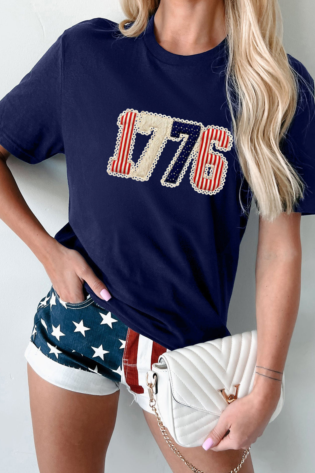 Blue 1776 Faux Patchwork Printed T Shirt