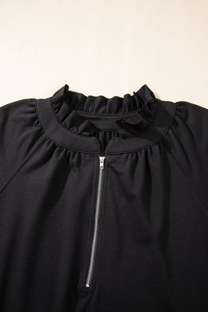 Black Half Zip Puff Sleeve Top and Ruffled Shorts Set