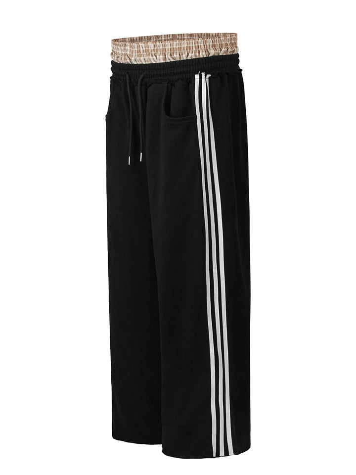 Men's Contrast Plaid Waistband Drawstring Wide Leg Pants