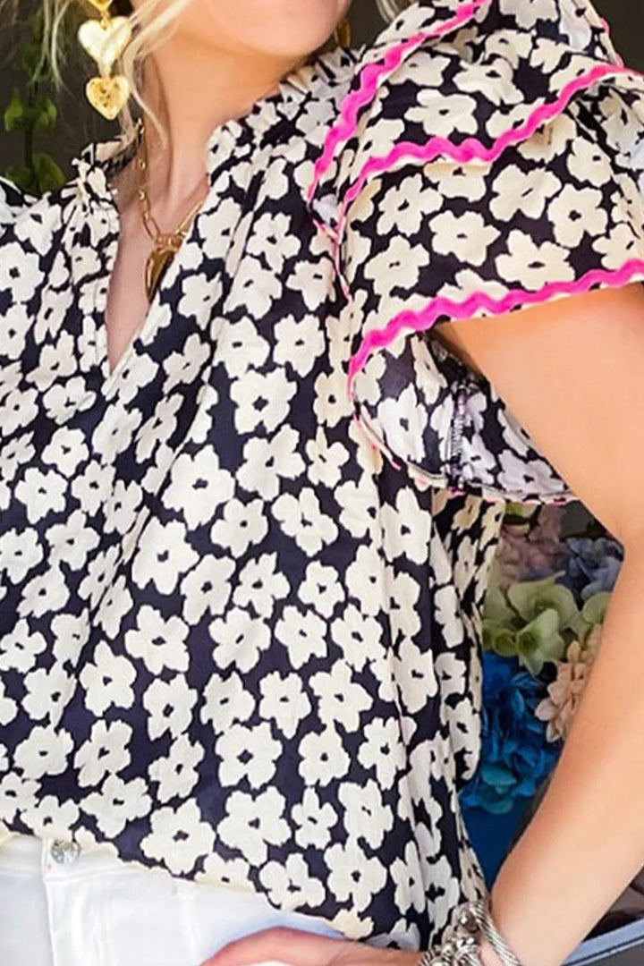 Printed V-Neck Flounce Sleeve Blouse