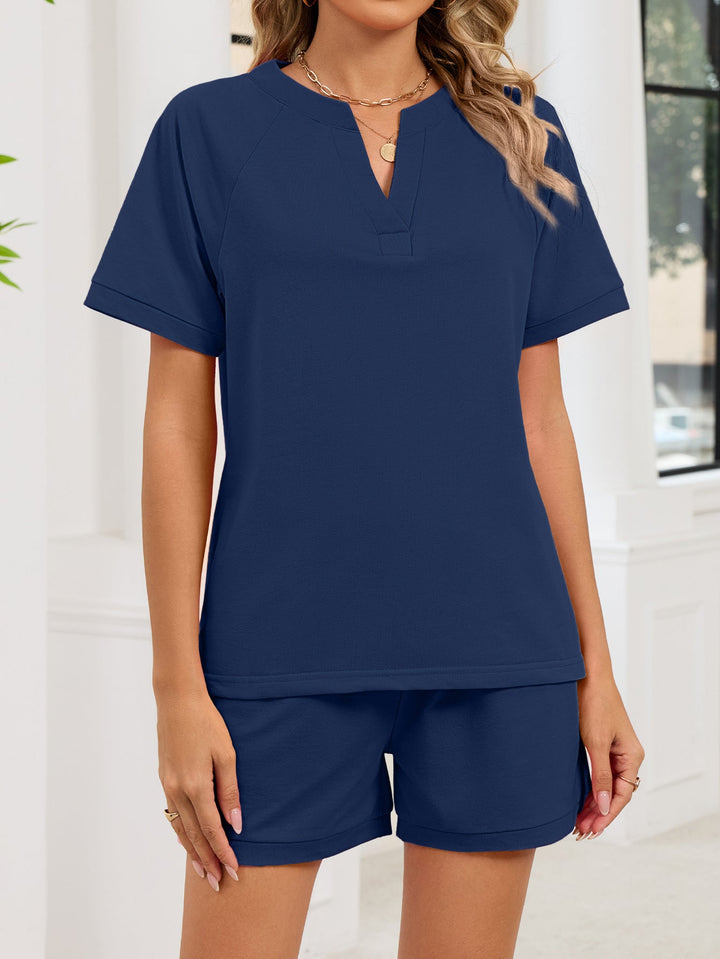 Notched Short Sleeve Top and Shorts Set