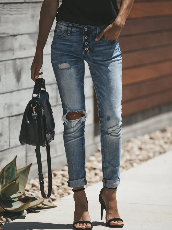Distressed Button-Fly Skinny Jeans