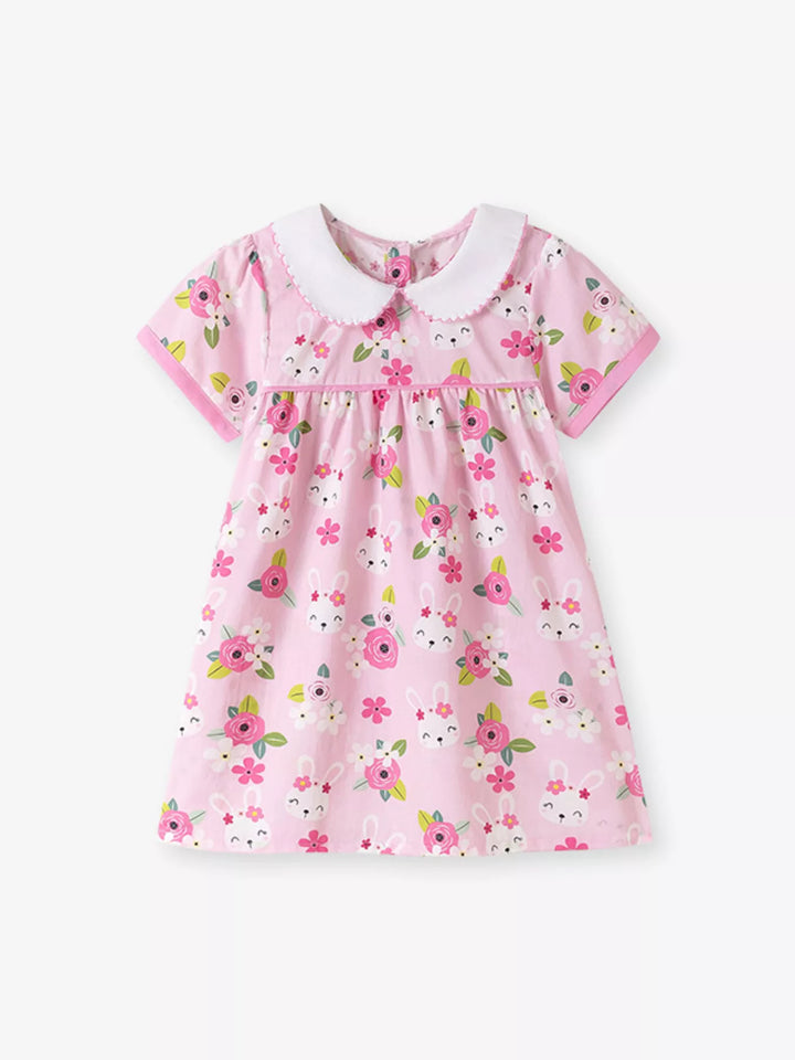 Children's Bunny & Floral Print Peter Pan Collar Dress