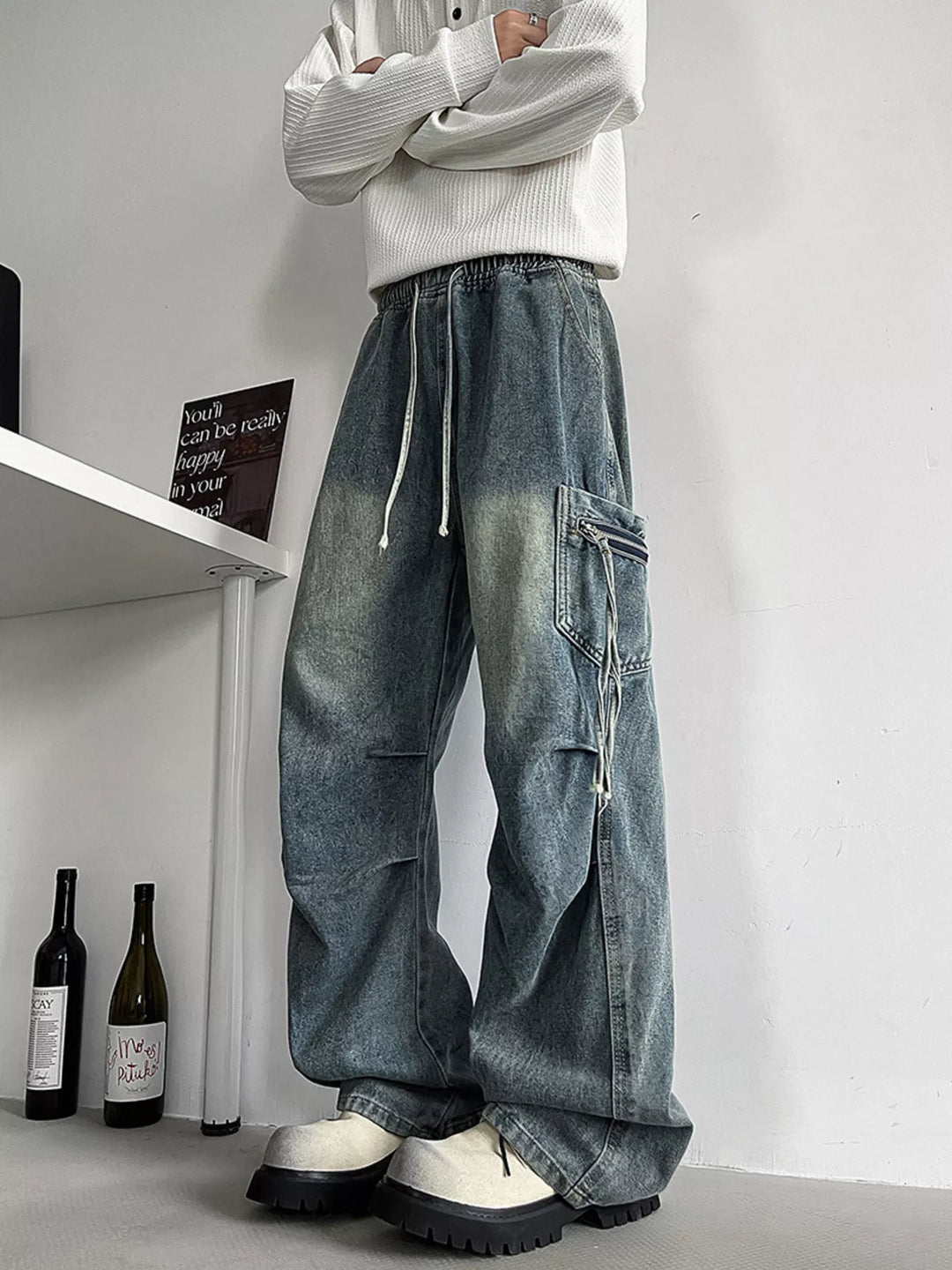 Men's Plus Size Loose Fit Cargo Jeans with Drawstring