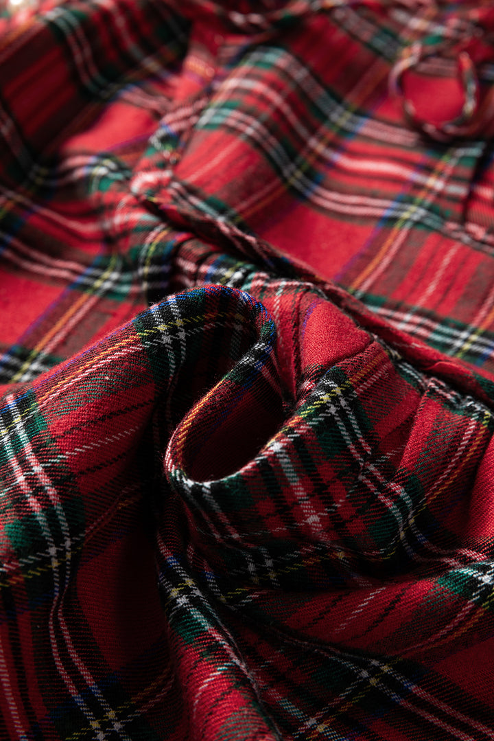 Red Festive Plaid Pearl Embellished Ruffle Short Sleeve Blouse