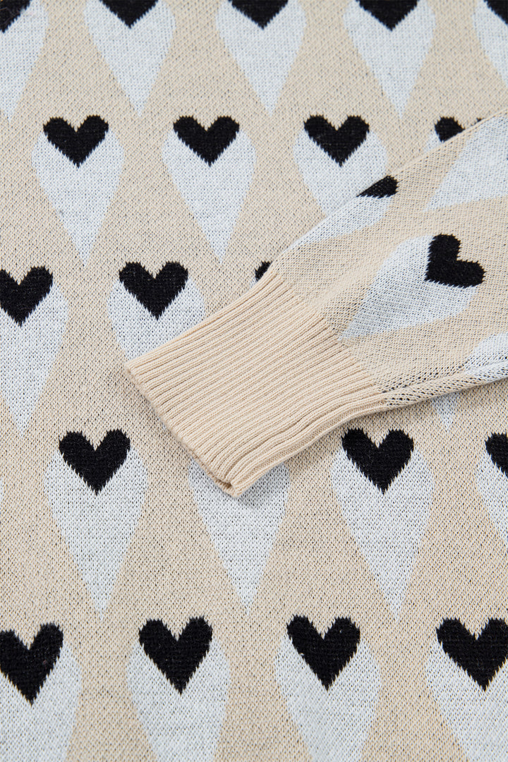 Parchment Geometric Heart Print Ribbed Trim Loose Sweater