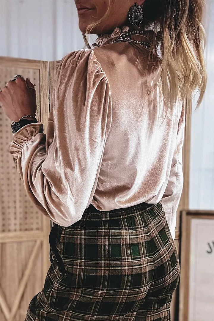 Western Style Long Sleeve Stand Neck Velvet Top