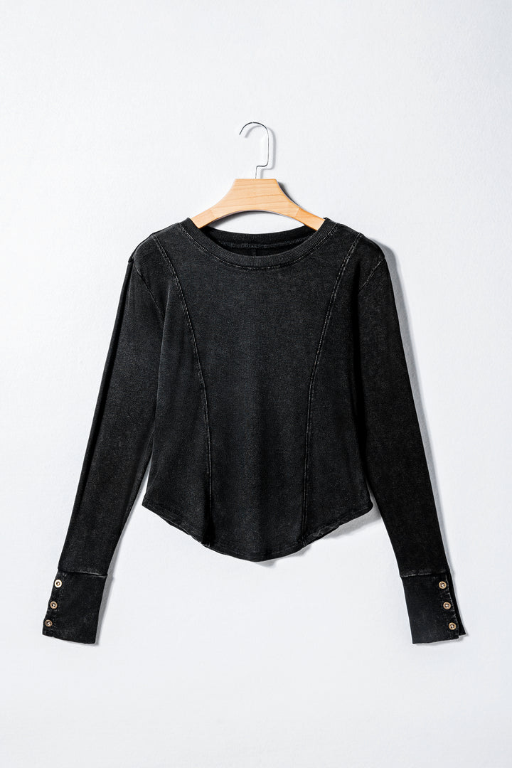 Black Exposed Seam Ribbed Long Sleeve Top