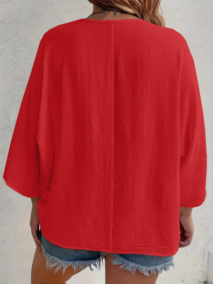 Full Size Casual V-Neck Button Down Relaxed Fit Blouse Plus Size