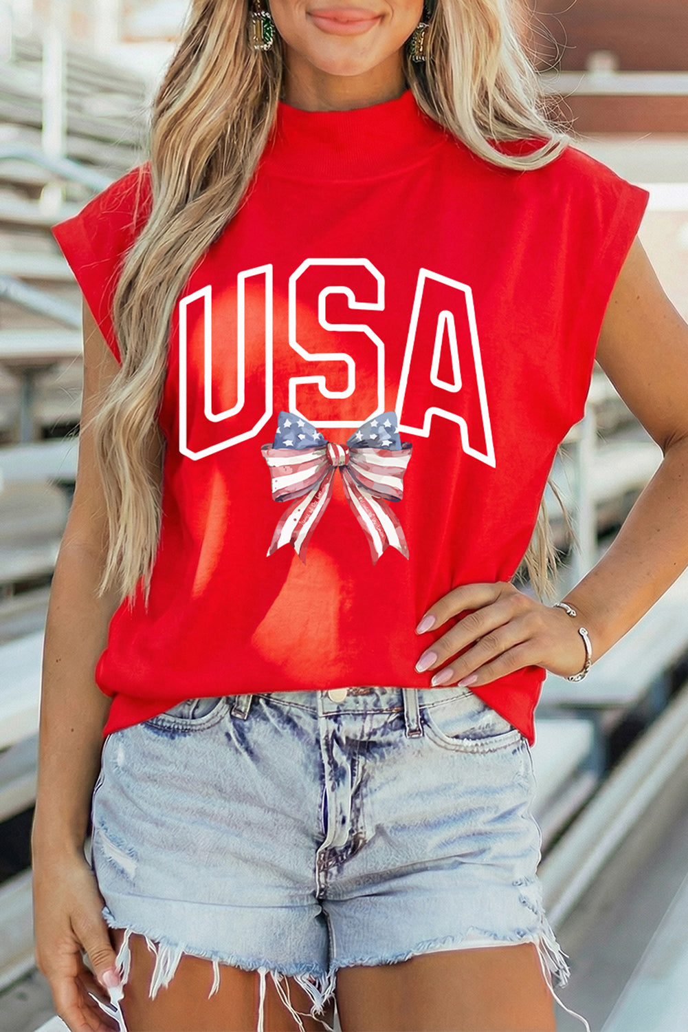 Racing Red USA Patriotic Bow Printed High Neck Cap Sleeve Top