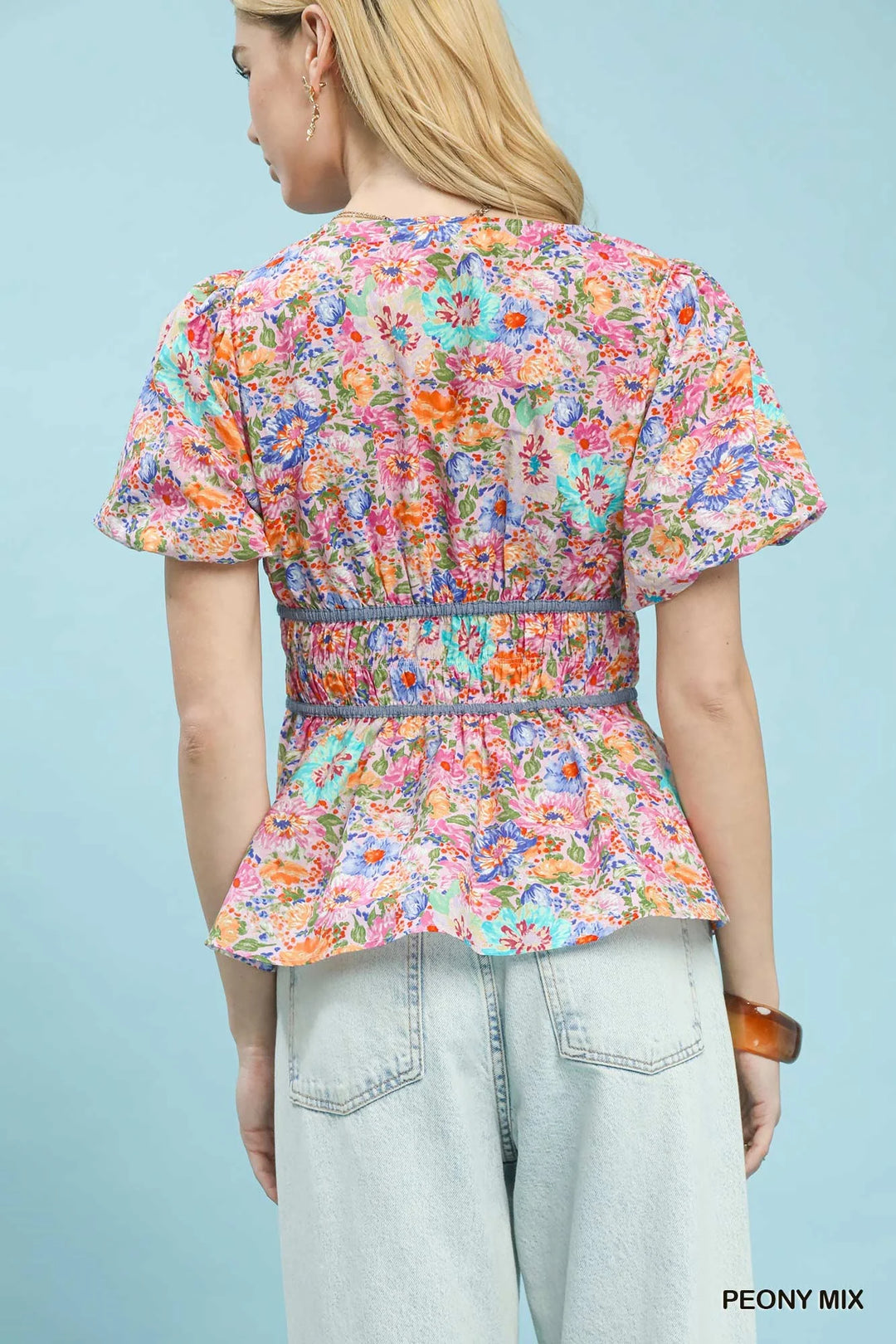 Umgee Mix Floral Smocked Waist Blouse