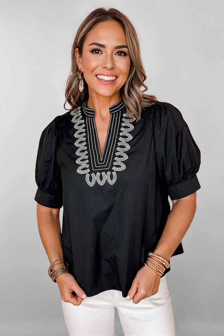 Black Short Puff Sleeve Contrast Embroidered Detail V Neck Blouse