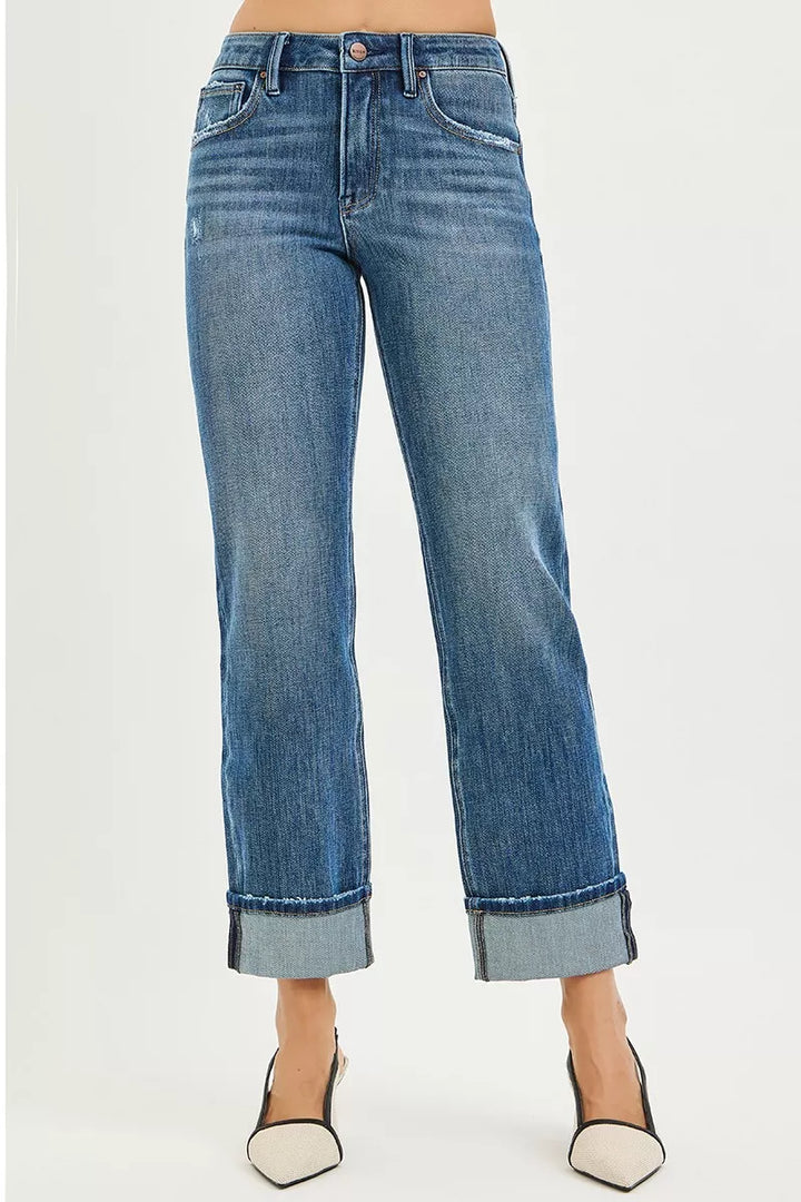 RISEN Full Size 4 Way Stretch Slouchy Straight Jeans with Cuffed Hem Plus Size
