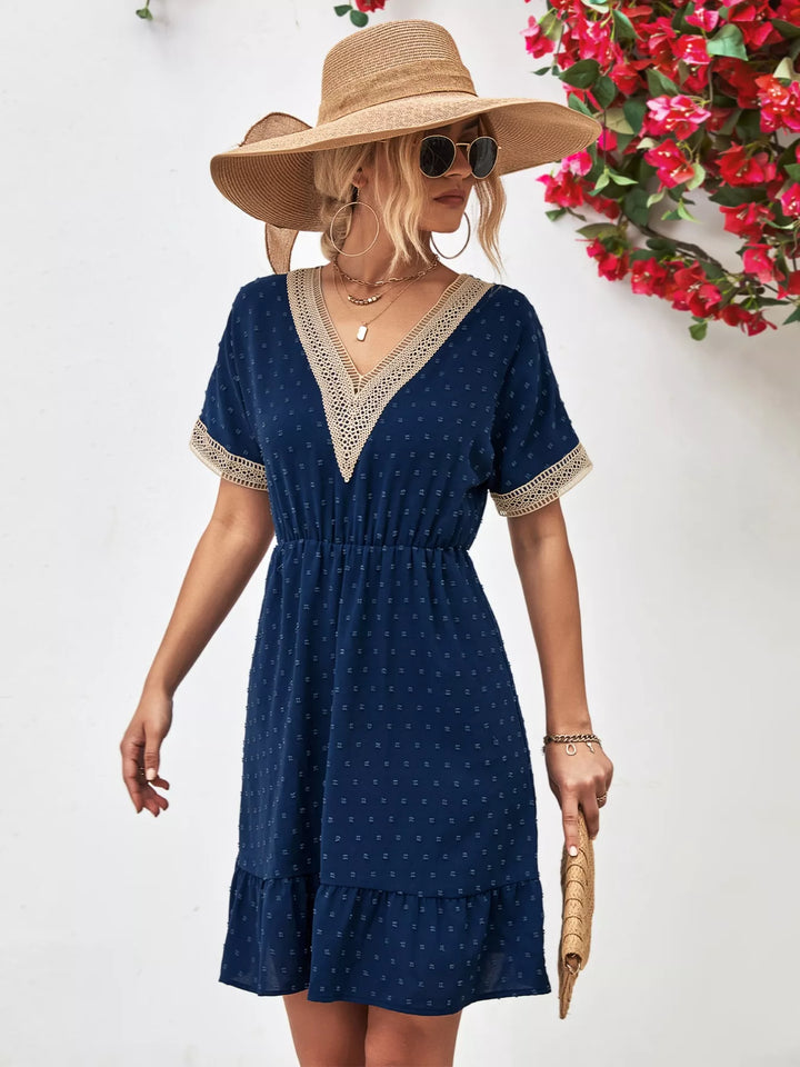 V-Neck Swiss Dot Ruffle Hem Mini Dress