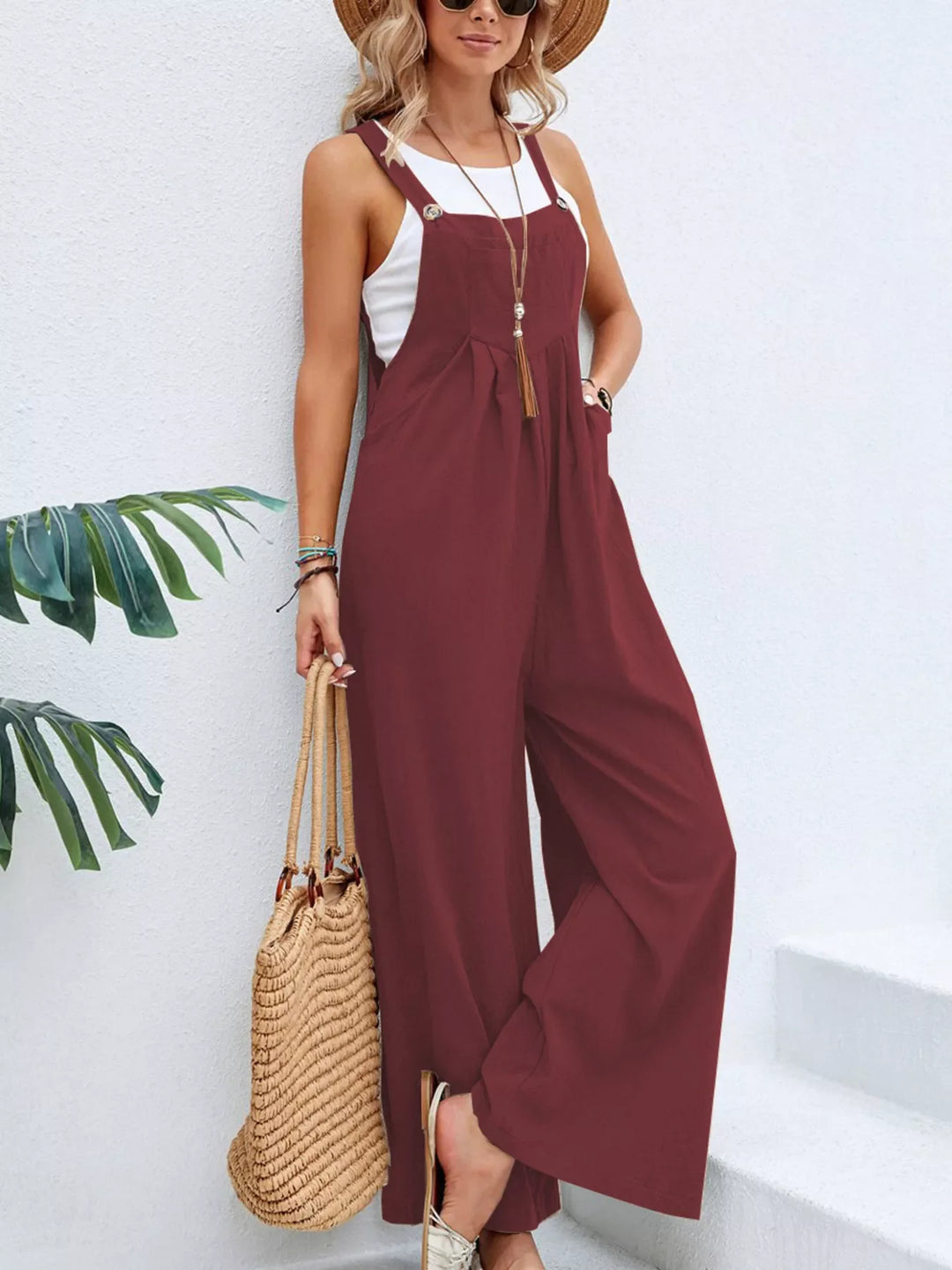 Full Size Casual Wide-Leg Overalls with Pockets Plus Size