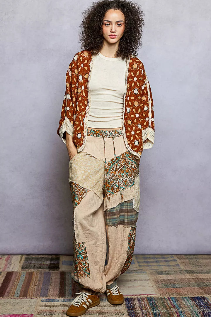 POL Open Front Floral Pattern Crochet Cardigan