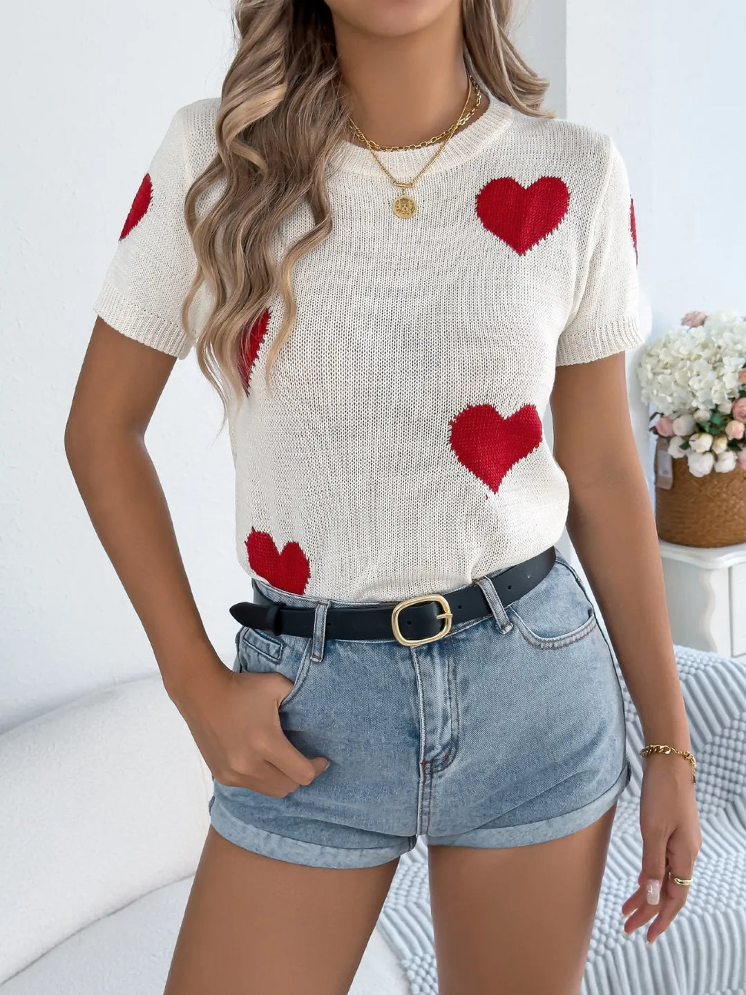 Heart Round Neck Short Sleeve Knit Top